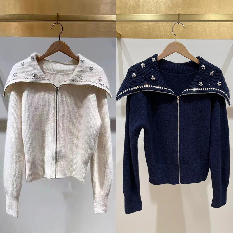 Autumn and winter trendy luxury sparkling rhinestone inlaid large lapel zipper wool blend coat cardigan