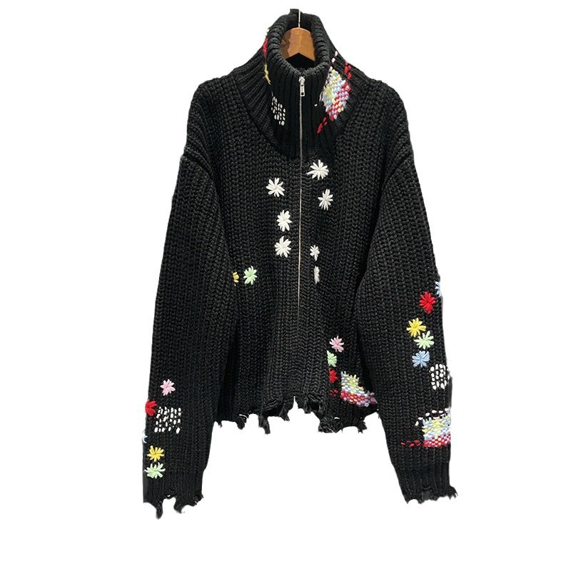 Slouchy edge three-dimensional embroidery turtleneck double zipper loose sweater jacket