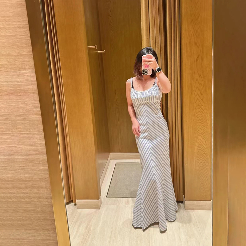 Sexy backless lace up blue and white herringbone strapless skirt slip dress