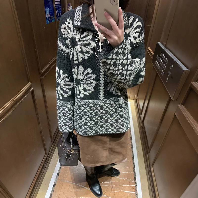 Retro Jacquard Sweater Loose Lazy Fel Island Strapped Collar Sweater