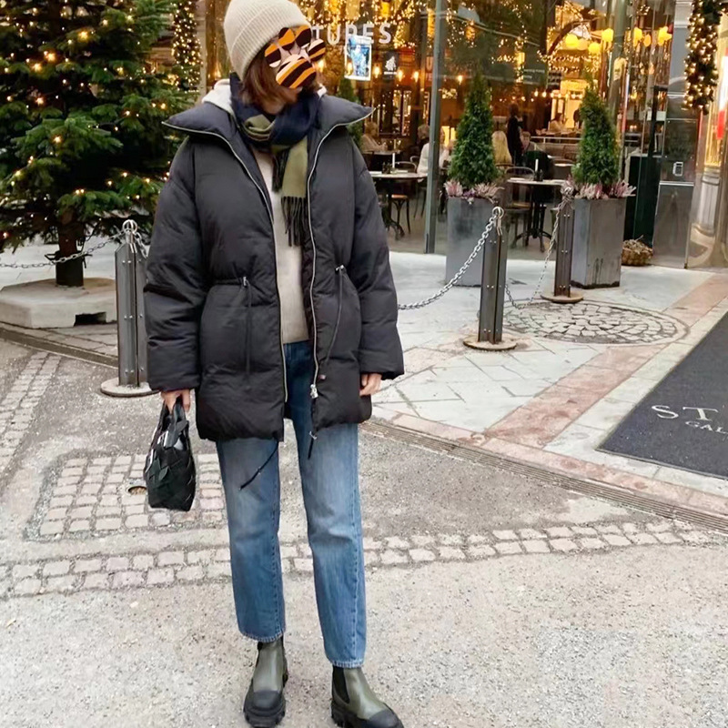 Couple's loose stand-up collar high-neck drawstring waist jacket down jacket