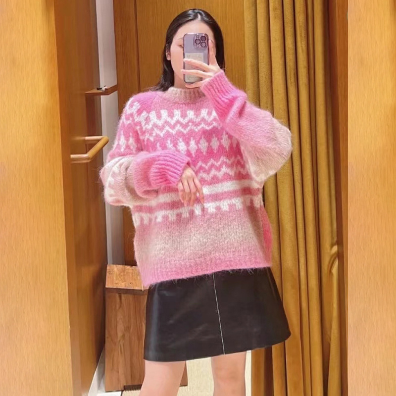 Soft waxy fashion crew-neck geometric jacquard gradient sweater sweet sweater