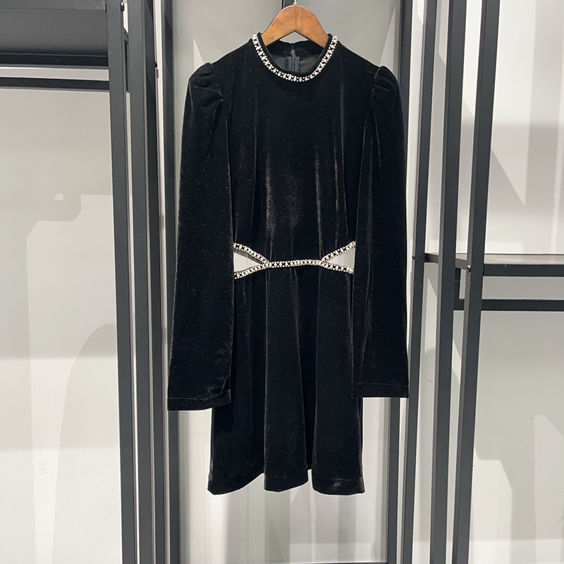 Early Spring Gorgeous Bead Collar Careful Machine Mesh Waist Velvet Black Dress Dress