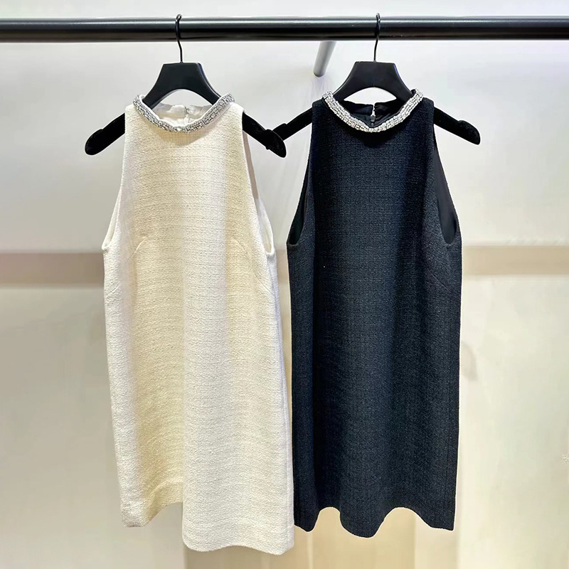 Autumn/Winter elegant classic Little Black dress with diamond neckline tweed sleeveless dress