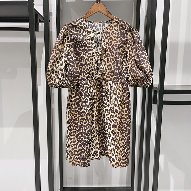 Pre-fall fashion front lace-up leopard print puffy sleeve doll skirt