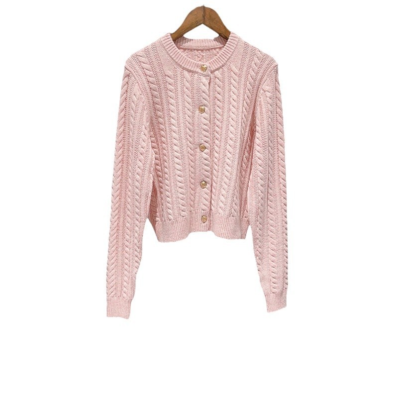 Autumn and winter classic twist white crewneck cardigan vintage metal single-breasted sweater