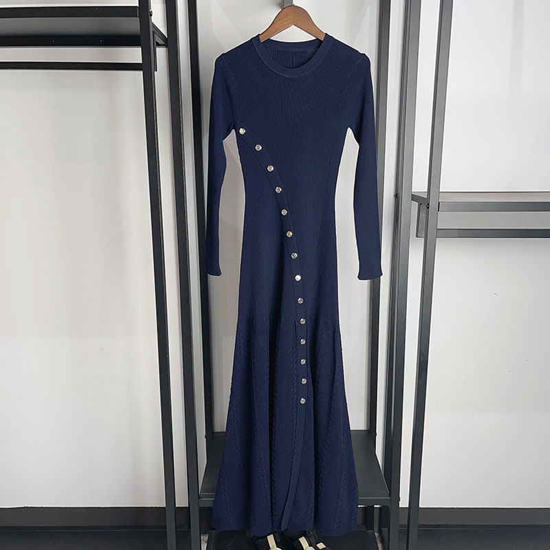 Elegant spring and summer metal diagonal buckle slim fit round neck threaded slit long dress