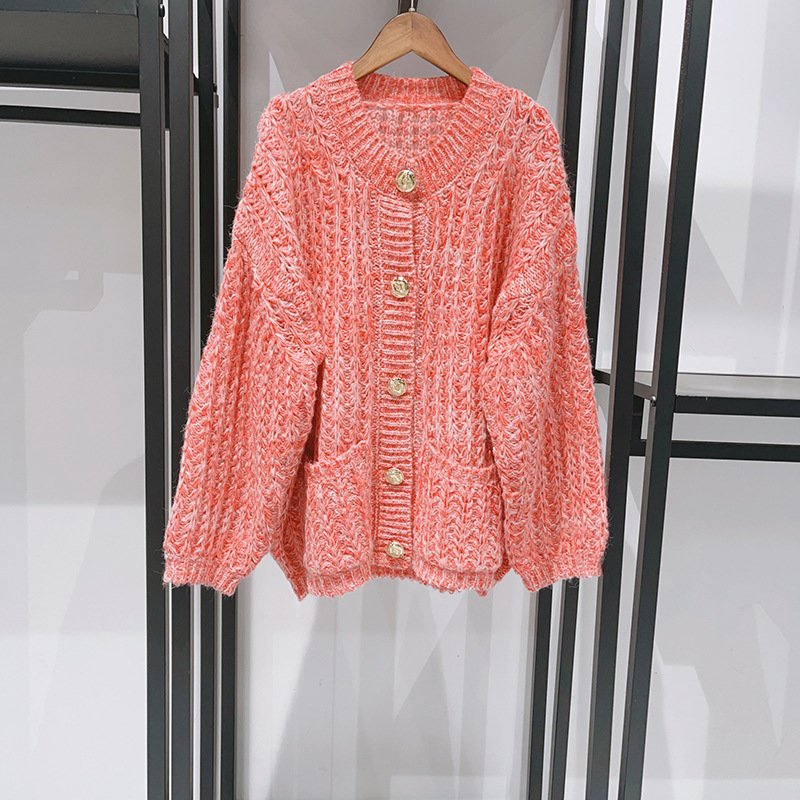 Christmas and New Year Red Thread Blended Knitted Twisted Round Neck Gold Button Sweater