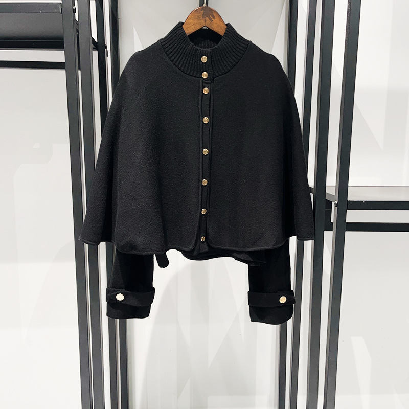 Early spring black semi-turtleneck loose cape type single breasted royal sister knit coat