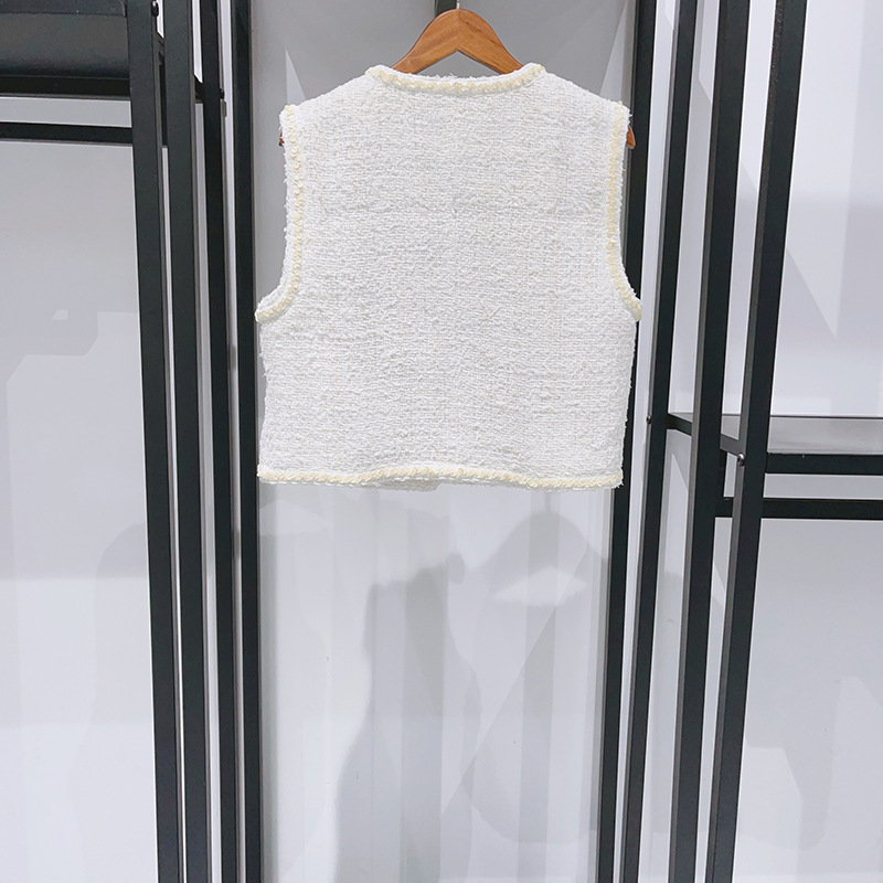 Early spring fragrance silver silk thread rhinestone buckle vest, wide leg pants, white suit