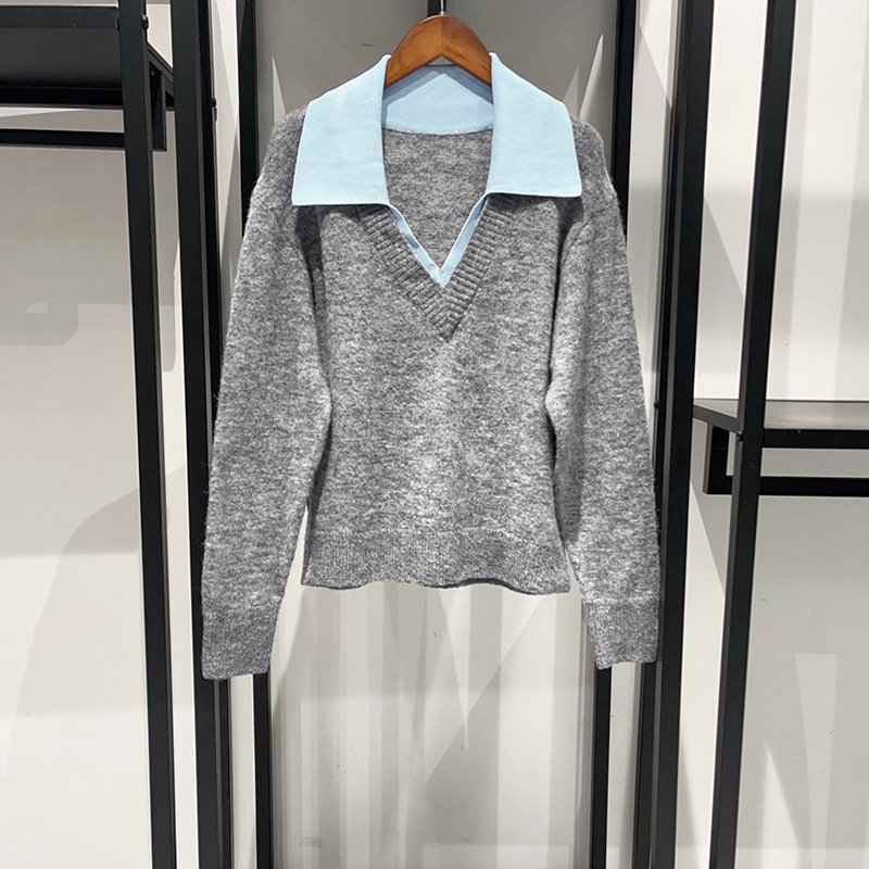 Autumn and winter fashion elegant patchwork lapel knitted pullover fake two soft tops