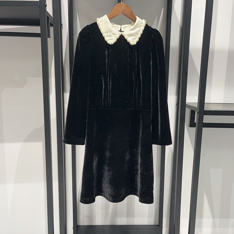 Autumn/Winter preppy velvet pearl satin lapel detachable gold dress