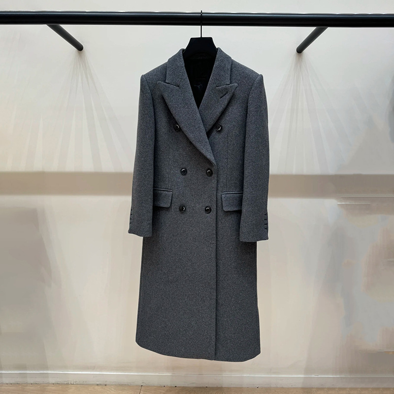 Fashion grey double-breasted woolen suit collar long overcoat coat