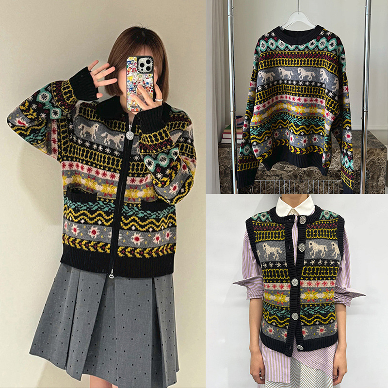 Fel Island series jacquard knitted chic button black border vest cardigan