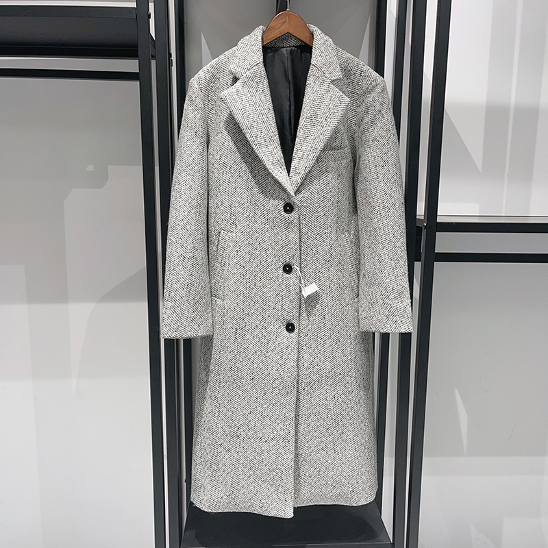 Hipster luxury old money style herringbone blazer collar with shoulder commuter wool long coat