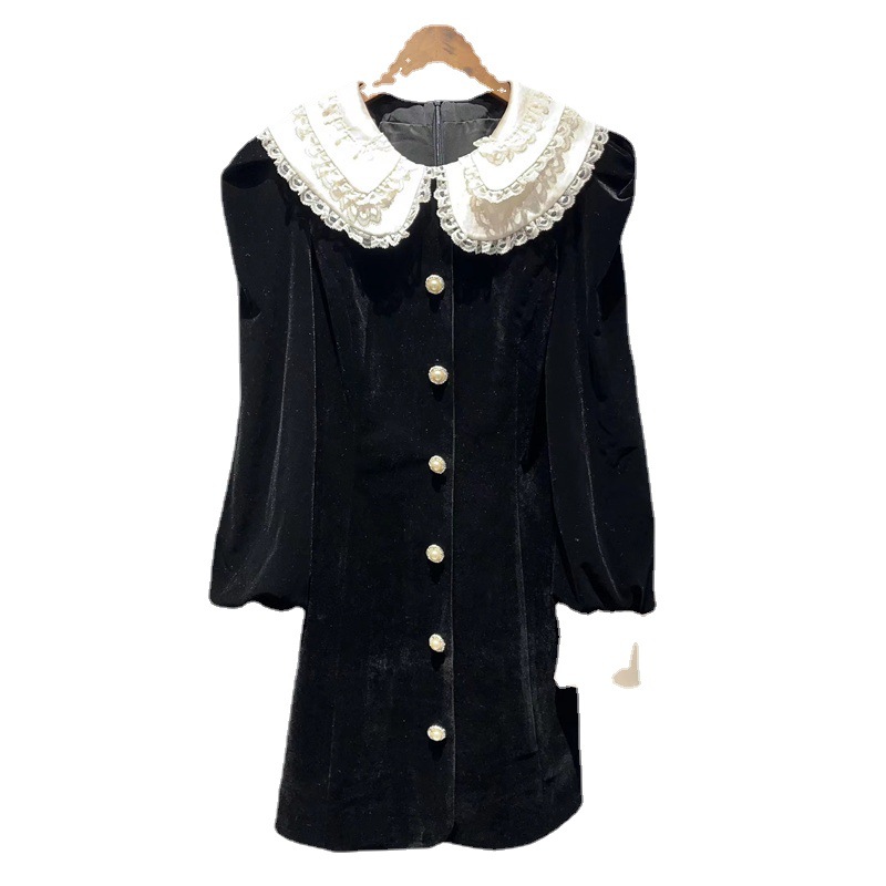 Sweet doll collar lace splicing velvet beaded buckle short dress