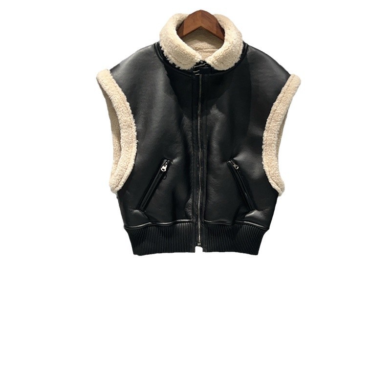 Winter silhouette fur one trim collar loop with sleeveless biker waistcoat for women