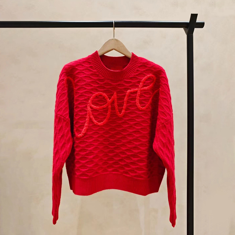 Christmas Red LOVE Jacquard Round Neck Texture Twisted Flower Hoodie Sweater