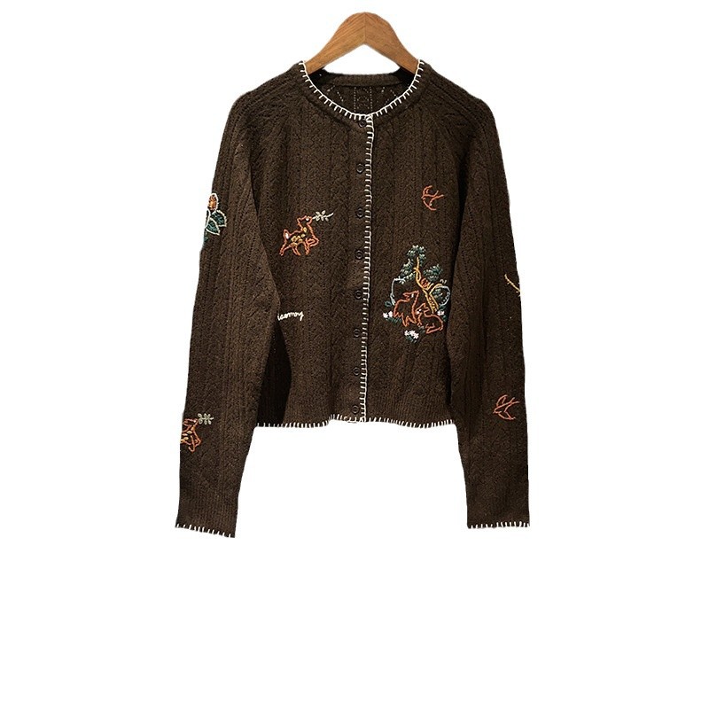 Cute animal embroidery round neck crochet pattern hollow single breasted cardigan