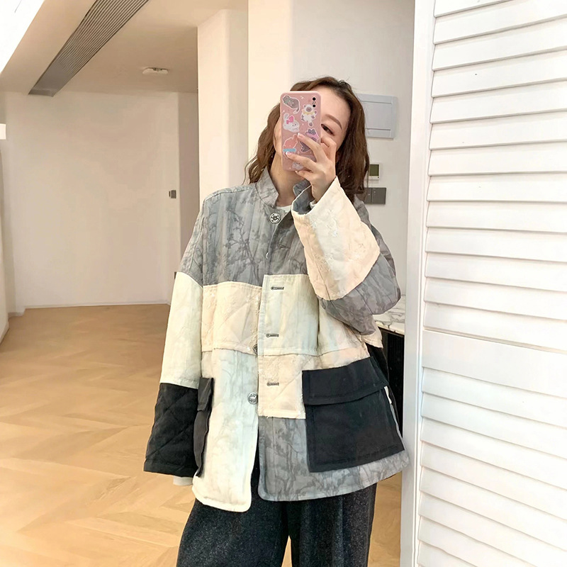 Early spring fashionable multi piece color blocked jacquard retro button up collar soft silhouette down jacket