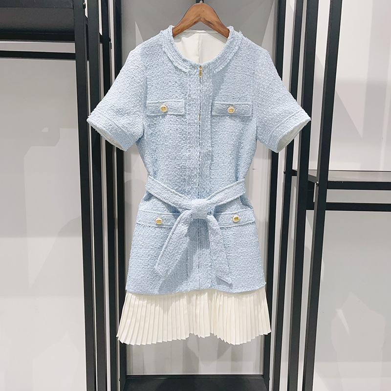 Fashionable sky blue tweed dress with waist tucked and pleated crew-neck skirt
