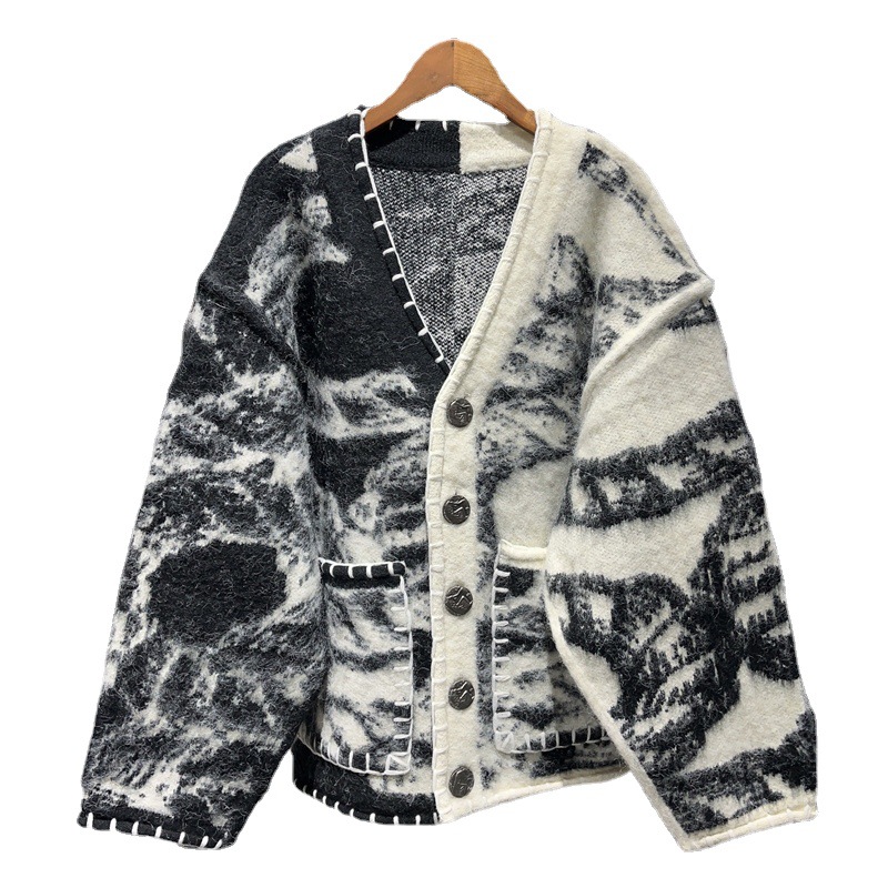 New temperament design sense V-neck mohair knit color contrast loose cardigan