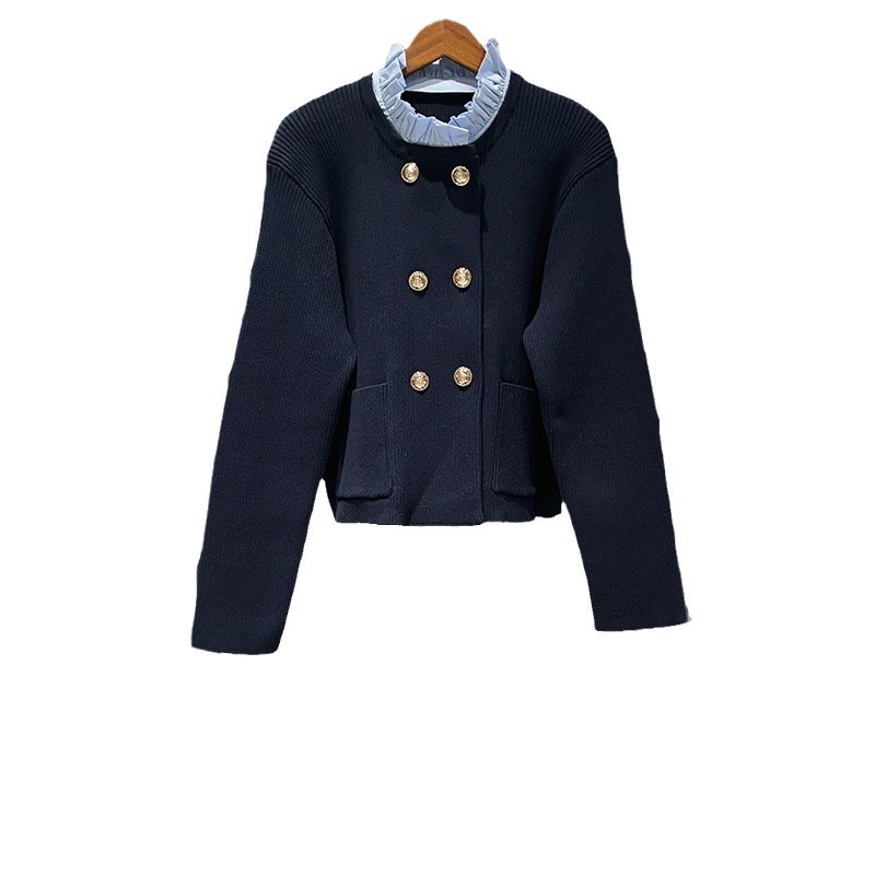 British style contrast color wood ear collar double breasted cardigan sweater classic