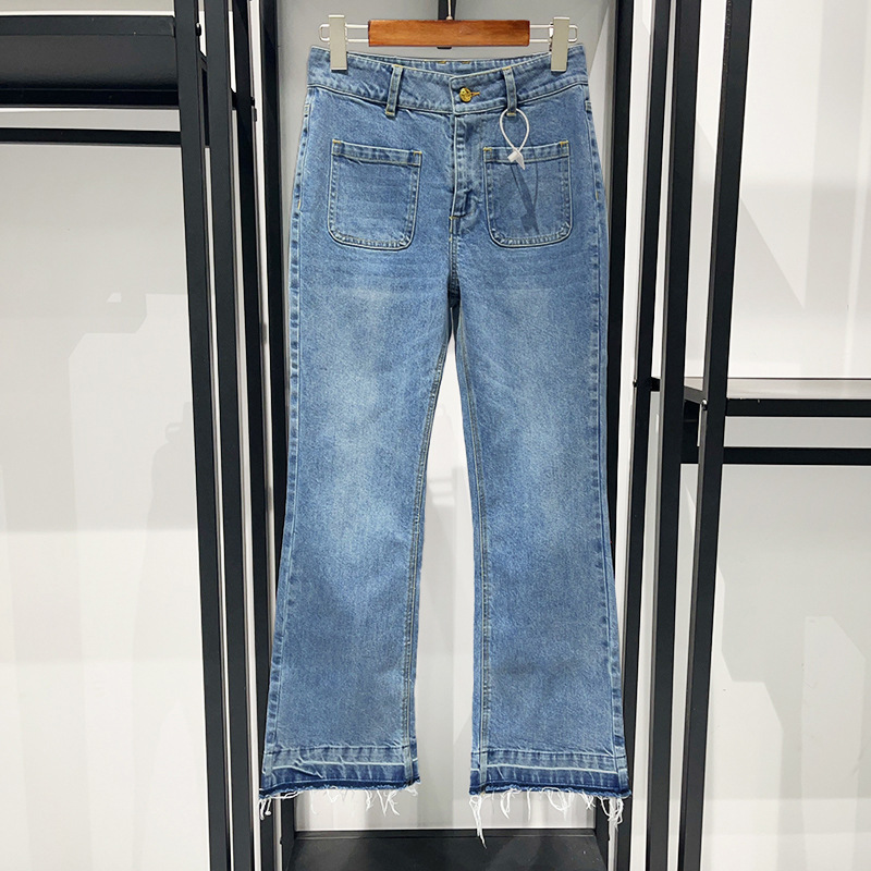 Early spring classic washed blue fringed snake button cotton denim slim fit cropped pants