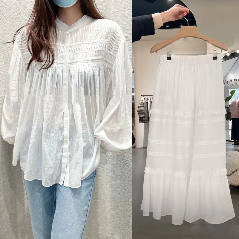 Early Spring Fashion Organ Fold Round Neck Lantern Sleeve Top Splicing High Waist Skirt Set