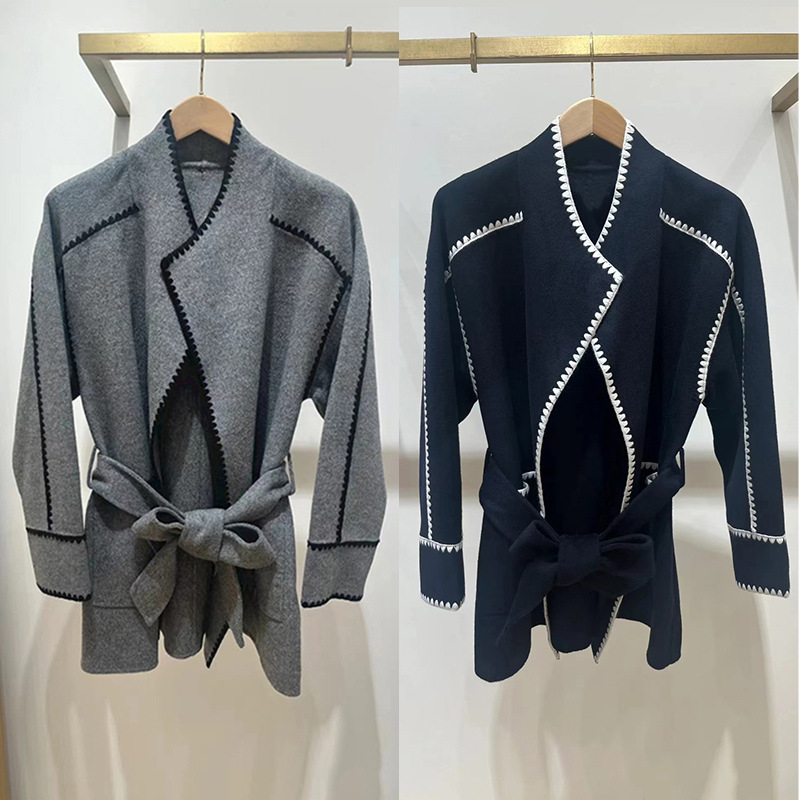 Autumn and winter light luxury pure handmade double-sided woolen shell embroidered edge half high collar medium length jacket